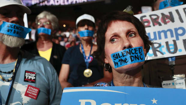 Bernie Sanders' supporters protesting at the Democratic National Convention .Josh Haner | The New York Times