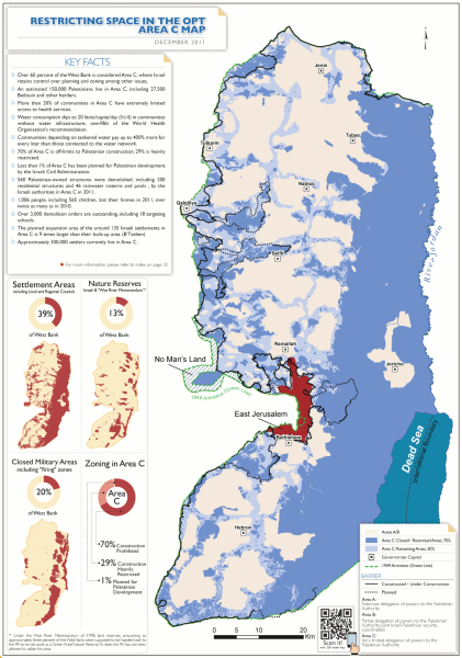 Map from December 2011 showing Area C in blue and light blue, East Jerusalem in red. (U.N. Office for the Coordination of Humanitarian Affairs in the oPT, or Occupied Palestinian Territory, Wikimedia Commons, Public domain)
