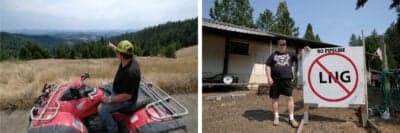 Left: Gow points in the direction of the proposed Pacific Connector; right: Frank Adams, a Vietnam veteran who suffers from the effects of Agent Orange exposure, is concerned ongoing maintenance of the pipeline will affect his health. (Alex Milan Tracy for ProPublica)