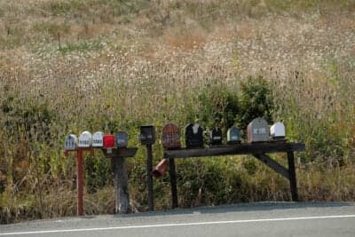 Mailboxes at the end of McNabb Creek Road in Winston, Oregon. Pembina is planning on using the road for access to build the Pacific Connector pipeline. (Alex Milan Tracy for ProPublica)