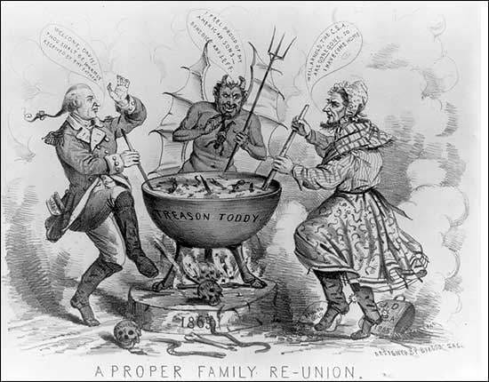 Benedict Arnold's treason created a timeless villain in the American imagination. This 1865 political cartoon shows Arnold keeping company with the devil and Jefferson Davis.