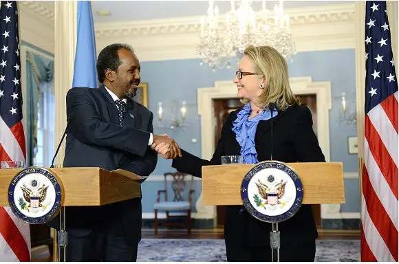 Hillary Clinton and Somali President Hassan Sheikh Mohamud at the State Department, 2013
