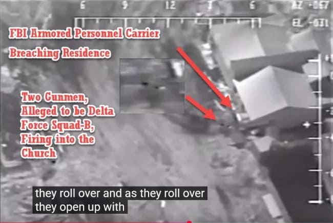 Still Capture from the FLIR footage shot by the FBI’s own aircraft showing two gunmen who have deployed off the armored personnel carrier seen breaching the residence and firing at people in the residence or trying to escape the assault. The footage and testimony that the Delta Team Squad B was the operators on the ground “pulling triggers” is from the award-winning documentary: Waco – A New Revelation. The FLIR footage of the shooting starts at 1:00:25. At 1:10:43, an ex-CIA case officer and a former Green Beret testify first-hand that Delta Force operators confessed to them that they were “pulling triggers” at Waco.