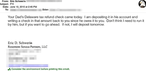 Emails between Hunter and Eric Schwerin, his business partner at consultancy Rosemont Seneca, show Schwerin was working on Joe's taxes. The emails were recovered from Hunter's laptop