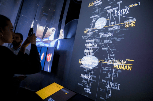 'Waterfall of Meaning' by Google PAIR is displayed as part of the 'AI: More than Human' exhibition at the Barbican Curve Gallery on May 15, 2019, in London. (Tristan Fewings/Getty Images for Barbican Centre)