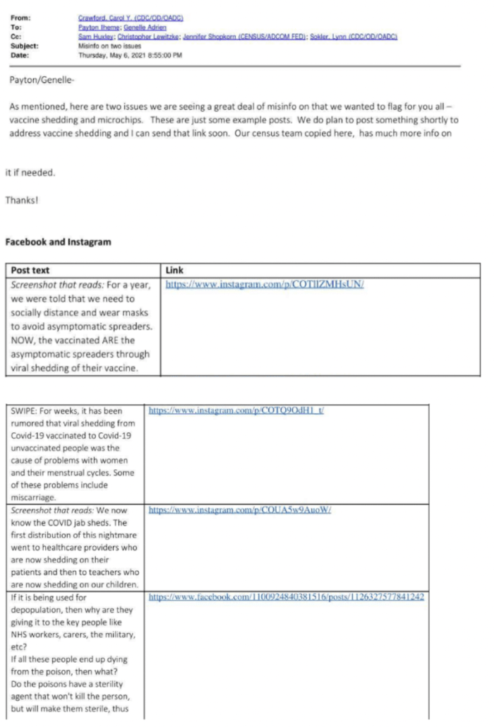 Direct engagement between CDC officials and social media companies where CDC sends links to Facebook to flag those posts as disinformation.