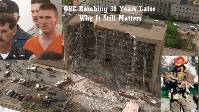 A photograph of the Alfred M. Murrah Building after the Oklahoma City Bombing. The official story is that a truck with thirteen 55-gallon drums of ammonia fertilizer and fuel oil, parked roughly where the red box is, did all the damage to the building. The reality is that a homemade fertilizer bomb of that size doesn’t pack enough punch to do the damage shown, AND the debris field shows explosives in the building have ejected building material into the parking lot, vs. if it were just the truck bomb outside, the debris would have been blown INTO the building. The governor of OK and multiple news agencies reported other bombs found in the building on Day 1, and 20+ witnesses reported hearing more than one explosion.