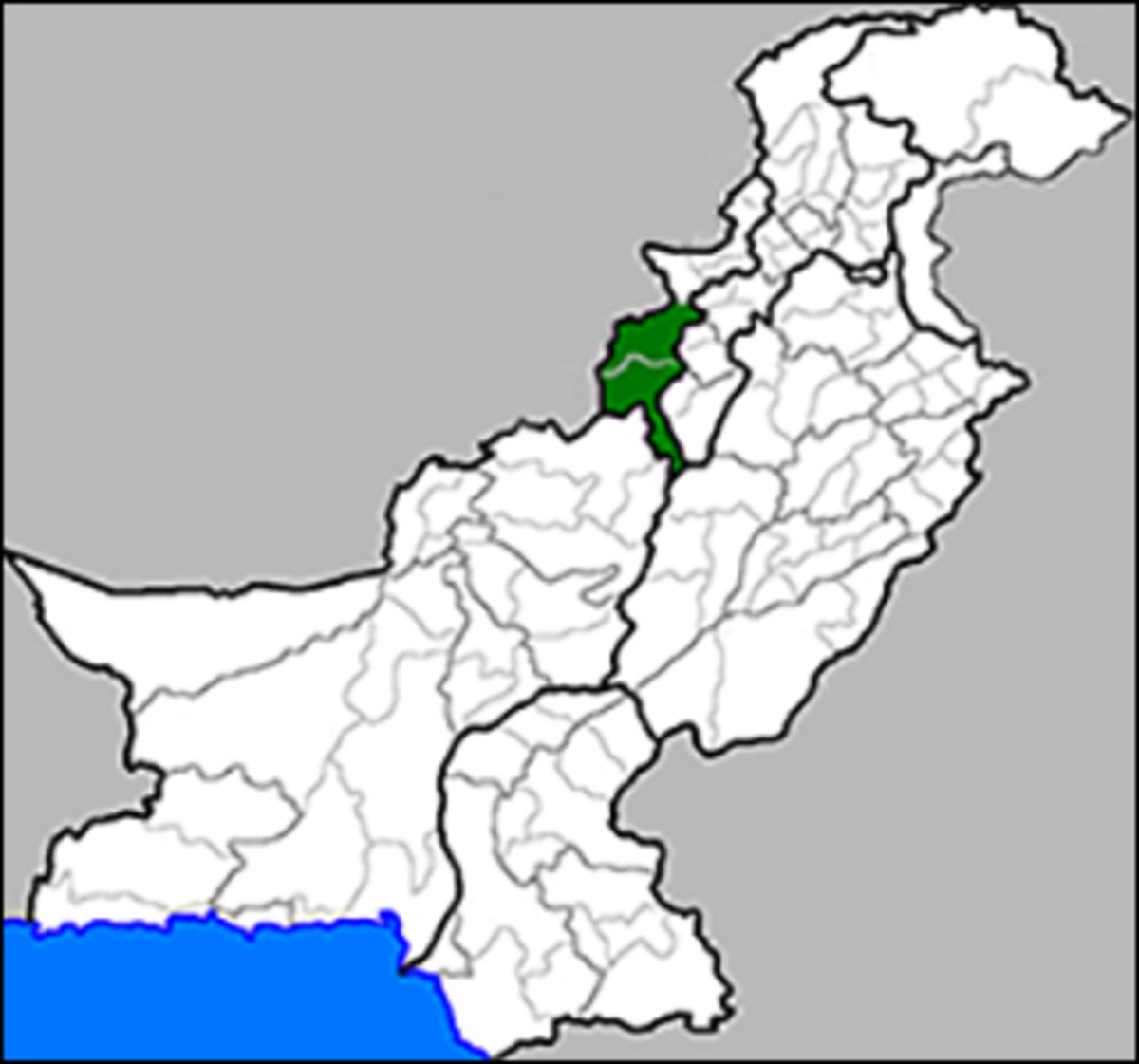 Pakistan with the Waziristan region, where the drone strikes occurred, in green. (Credit: Narayanese via Wikimedia)