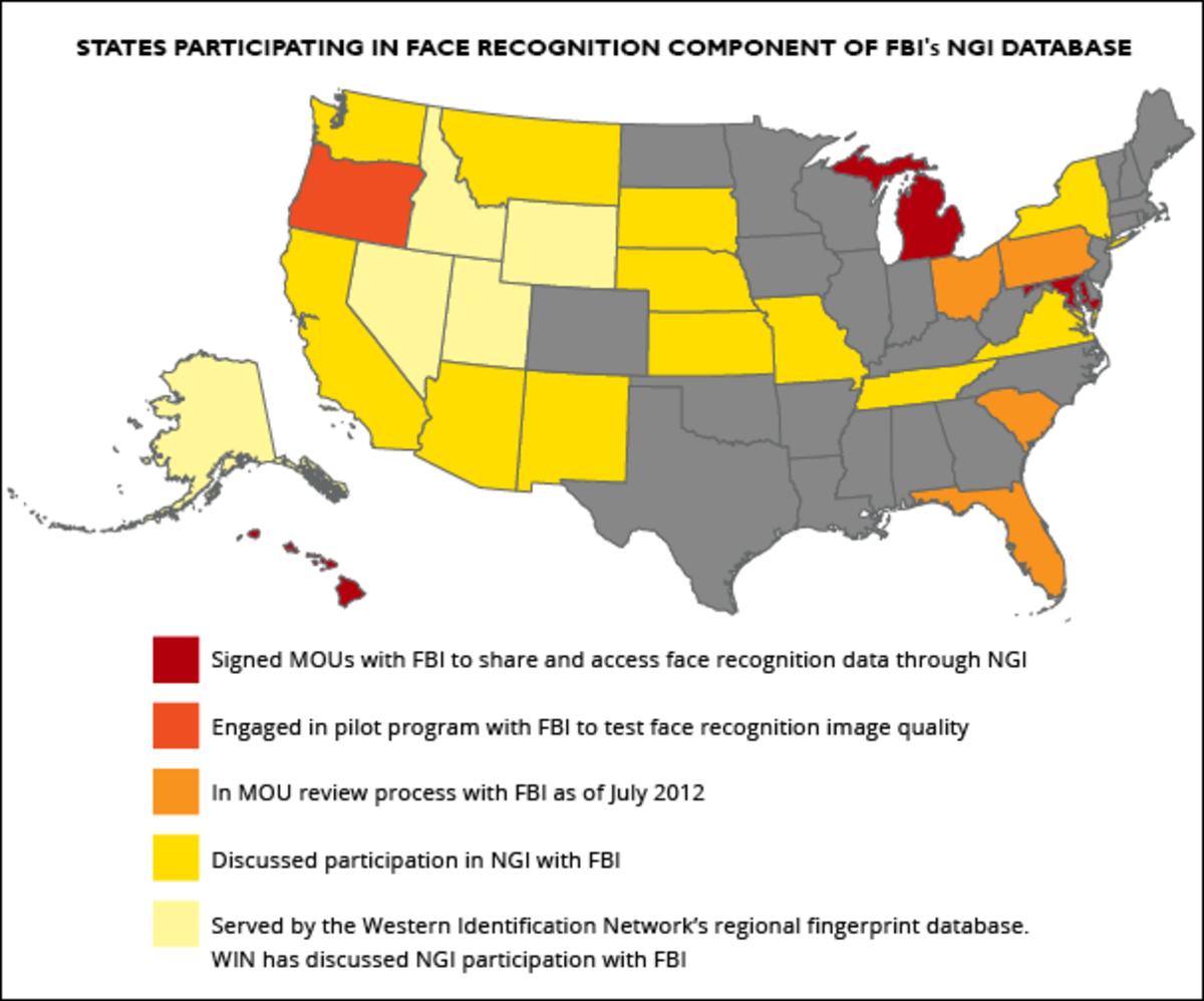 Map of US States Coordinating with FBI on NGI Face Recognition