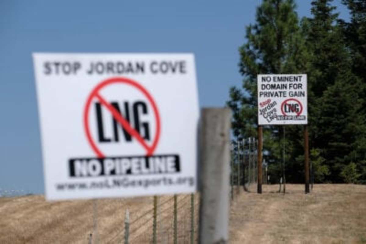 Signs opposing the Jordan Cove project. Such sights are typical in southern Oregon along the proposed pipeline route, where the project is controversial. (Alex Milan Tracy for ProPublica)