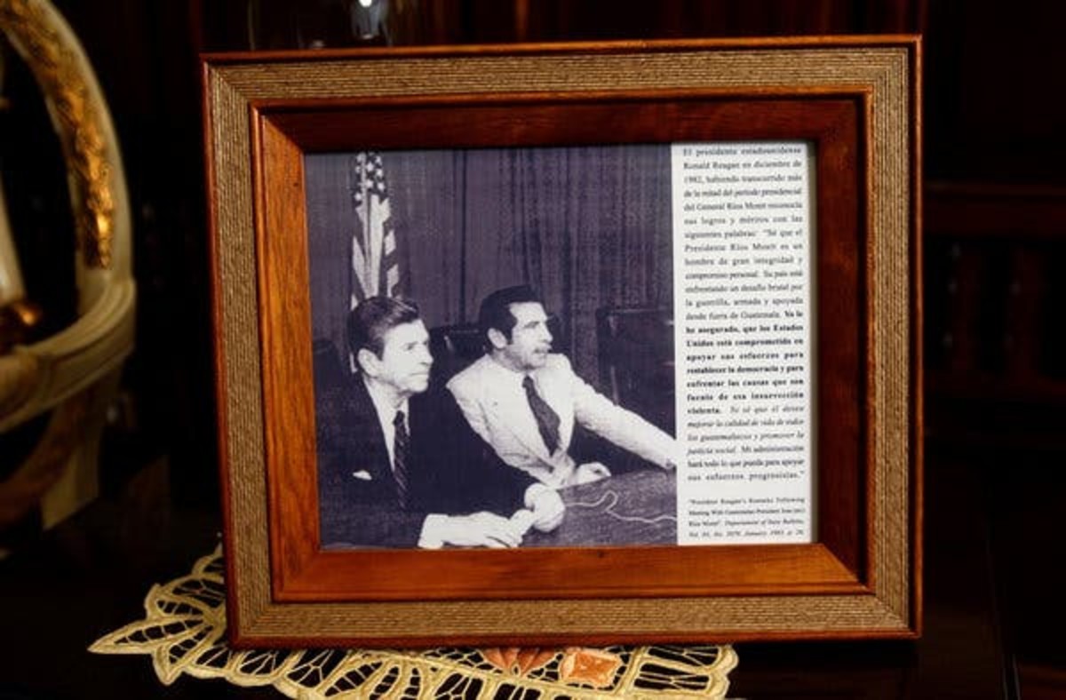 A photo of General Ríos Montt with President Ronald Reagan in the early 1980s, displayed in the general’s living room in 2003.