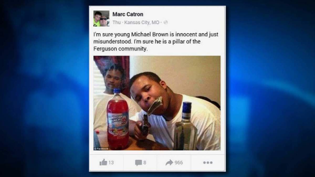 "I'm sure young Michael Brown is innocent and just misunderstood. I'm sure he is a pillar of the Ferguson community." Officer Catron wrote.