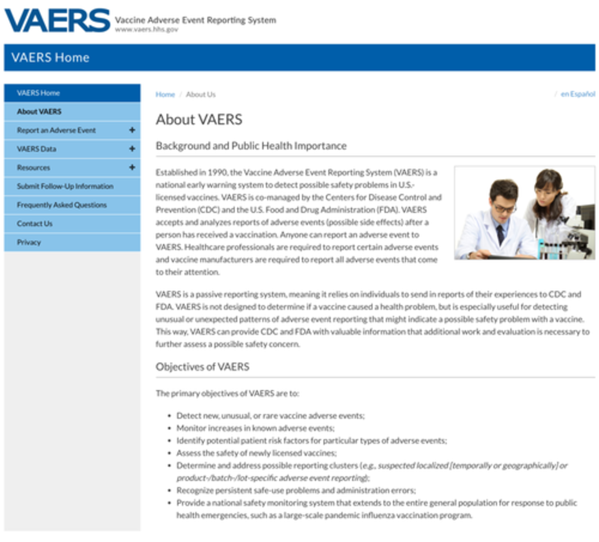 A screenshot of the homepage of the Vaccine Adverse Event Reporting System (VAERS), which is co-sponsored by the CDC, FDA, and HHS. (Screenshot/The Epoch Times)