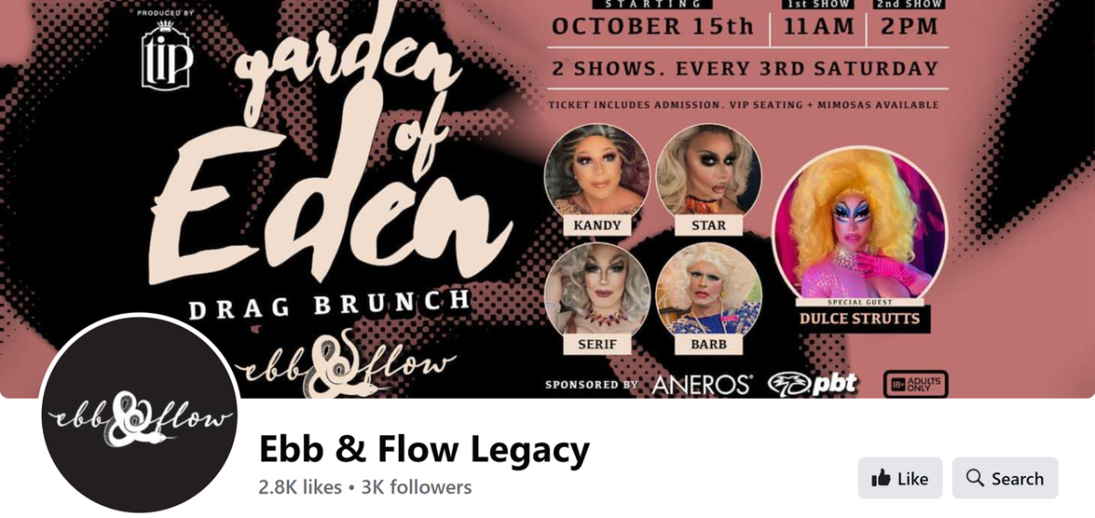 Screenshot of the venue's public Facebook page and the prominent "Drag Brunch" advertisement: