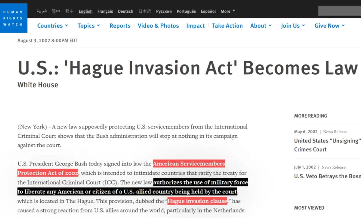 US Congress Threatens To Invade ICC If Israel Is Charged With War Crimes The Free Thought Project Hague Invasion Act Human Rights Watch.webp