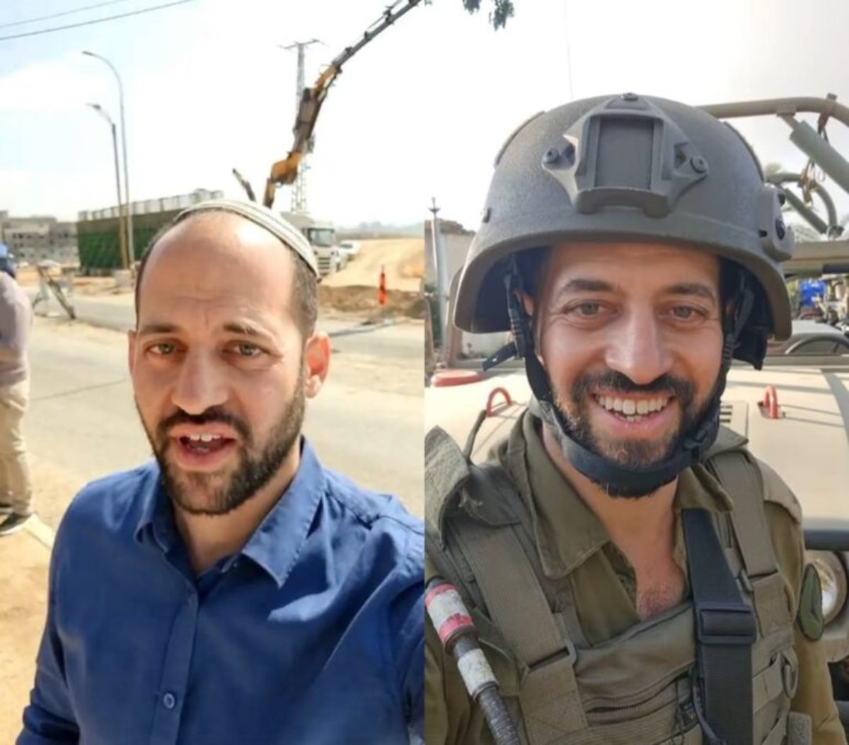 David Ben Zion in a video from a settlement construction site (left) and hours after he told i24 the IDF had found babies beheaded by Hamas (right). Credit | The GrayZone