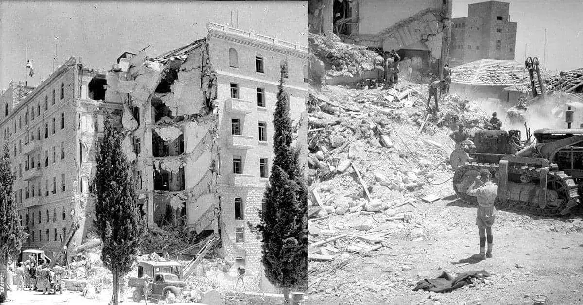 Aftermath of the King David hotel bombing by members of the Irgun Zionist terrorist organization, July 22nd, 1946, Palestine. — Source: History Collection