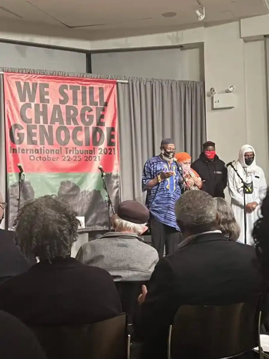 The International Tribunal 2021 held at Malcolm X Dr. Betty Shabazz Center in Harlem with prayers and commentary by (left to right) former political prisoner Sekou Odinga, Dr. Aisha Mohammad, former political prisoner Jalil Muntaqim, and former political prisoner Jihad Abdulmumit. [Source: sfbayview.com]